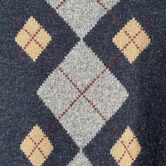 Jos A Bank Lambswool Sweater Men's XL Blue Gray Tan Argyle Crew Neck Preppy - Picture 4 of 10